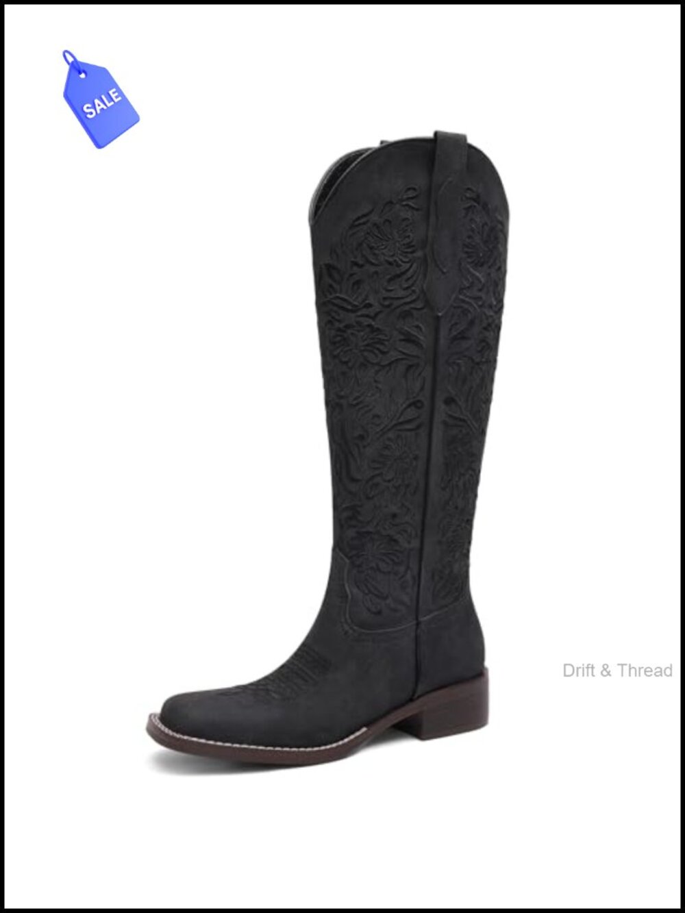 Knee High Embroidered Cowboy Boots Square Toe Low Block Heel Pull On Western